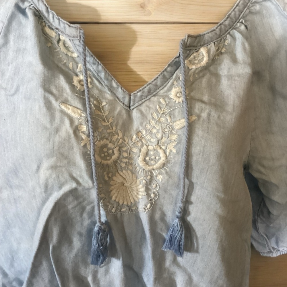 Vintage Boho Light Blue Popover Embroidered Cotton Top S
